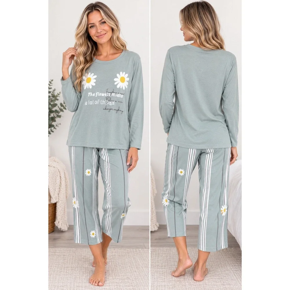 Women's Large Seafoam Green Daisy Floral Pajama Lounge Set NWT Cozy Sleepwear